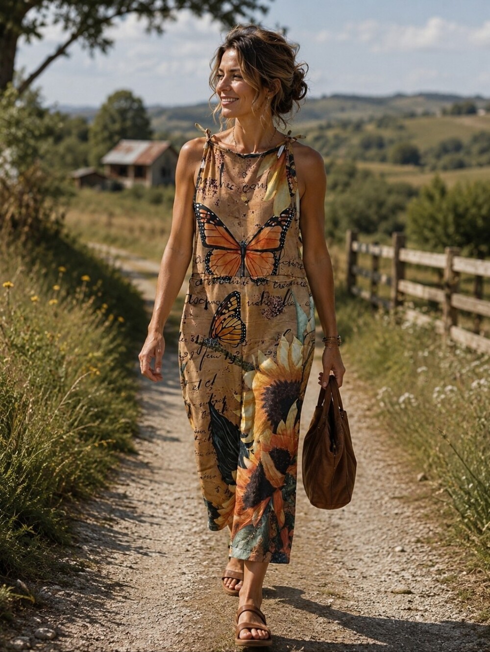 Sunflower & Butterfly Print Overalls